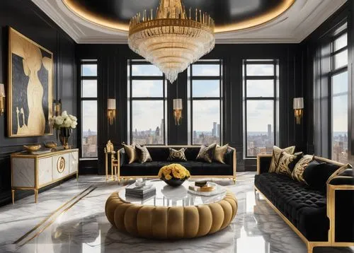 luxury home interior,opulent,penthouses,opulently,luxe,gold and black balloons,opulence,modern decor,black and gold,art deco,contemporary decor,interior design,interior decoration,luxurious,gold wall,luxury property,great room,apartment lounge,living room,ornate room,Illustration,Realistic Fantasy,Realistic Fantasy 21