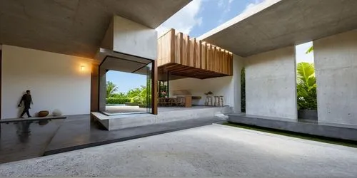 DISEÑO DE UNA PALAPA  ESTILO MINIMALISTA, CON PERGOLAS DE CONCRETO, ELEMENTOS PARA SOMBRE, LOSA DE CONCRETO CON CANAL DE ACERO, CANCELES DE ALUMINIO CON CRISTAL, MURO CASCADA CON ESPEJO DE AGUA,inside