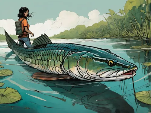 fishing float,big-game fishing,northern pike,crocodile tail,snakehead,surface lure,giant carp,giant fish,arapaima,forest fish,crocodile woman,angler,missisipi aligator,freshwater fish,recreational fishing,fishing,pike,angling,noodling,fishing lure,Illustration,Realistic Fantasy,Realistic Fantasy 23