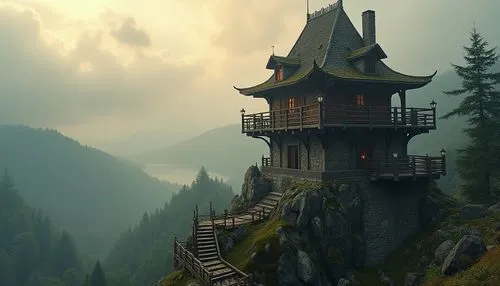 lookout tower,fairytale castle,house in mountains,fairy tale castle,watch tower,house in the mountains,lonely house,witch's house,house in the forest,fairy chimney,tree house,roof landscape,summit castle,fairy house,miniature house,watchtower,little house,treehouse,eyrie,mountain settlement,Photography,General,Realistic