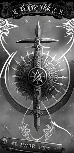 double sword tattoo with engraved runes of the plague rider with a splitting star core,pentacle,witches pentagram,wind rose,glass signs of the zodiac,compass rose,cawl,emblem,the order of the fields,e