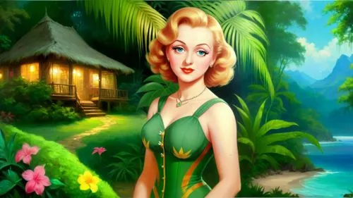 Romantic masterpiece oil painting, beautiful girl portrait, nostalgic 1950's style kitsch, vibrant rainforest bungalow landscape, lush tropical jungle paradise, summer beach scenery, by Thomas Kinkade