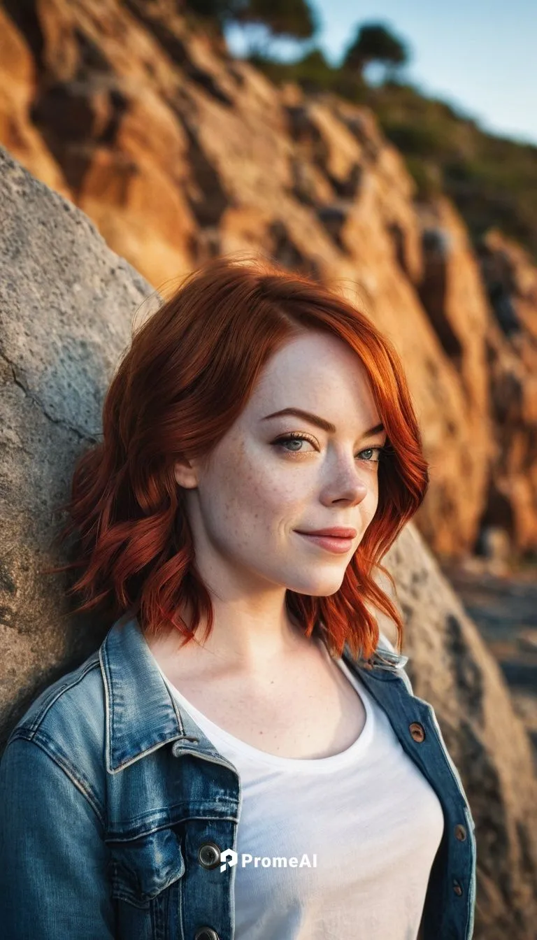 Emma Stone, the Rock, Hollywood actress, solo, (30yo), porcelain skin, bright red hair, bold eyebrows, subtle smile, elegant nose ring, casual denim jacket, white tank top, distressed blue jeans, snea