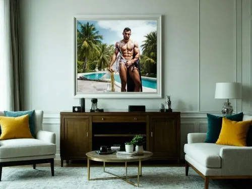 Weiß Rahmen um das Bild, Im luxury Wohnzimmer an der weißen Wand  und auf dem Schreibtisch stehen neben dem Fernseher,modern decor,seminyak,digital photo frame,interior decor,cabana,contemporary decor