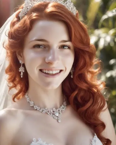 Beautiful redhead busty bride, smiling in a white dress at her luxurious wedding. Outdoor, sunshine, tropical. Photorealistic. complete delicate facial makeup, red lipstick, long wavy hair, diamon tia