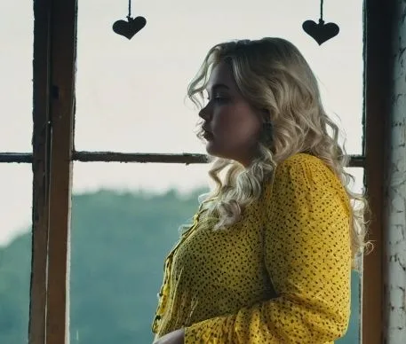 a woman in yellow looks out a window at a field,hadise,kesha,netrebko,adele,minogue,yellow jumpsuit