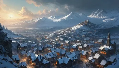 winterfell,gondolin,erebor,icewind,alpine village,mountain settlement,tirith,highborn,mountain village,riftwar,hogsmeade,northrend,neverwinter,eyrie,coldharbour,rendalen,winter village,davos,osgiliath,seregil,Conceptual Art,Fantasy,Fantasy 12