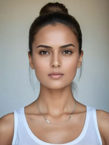 Full-size sample portrait,a woman wearing a white shirt and necklace,charnvirakul,indian,kaur,elitsa,vrinda,janki,Photography,General,Realistic