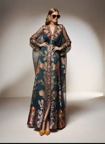 Fashion show ,a model is posing wearing a blue and yellow floral print dress,caftan,kaftan,caftans,kaftans,kimono,kimonos,Photography,General,Commercial