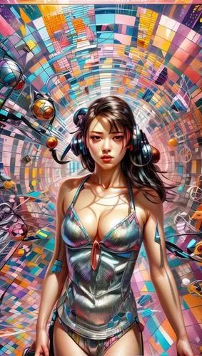 fantasy woman,cyberpunk,cyborg,psychedelic art,asian vision,fantasy art,asian woman,cyberspace,world digital painting,computer art,comic book bubble,digiart,sci fiction illustration,retro woman,cybernetics,3d fantasy,pinball,fantasy picture,ai,disco