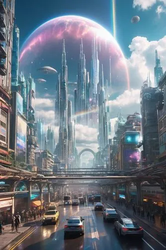 Translucent glass-like biomechanical beings in space, in the sky, with clouds and particle rainbows. Below, there are vehicles and bustling buildings in a hyperrealistic cityscape that combines severa