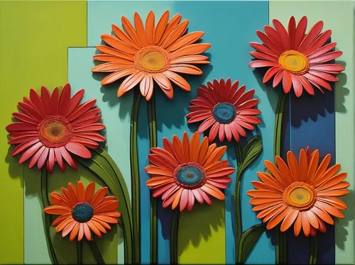 gerbera daisies,flower painting,gerbera,african daisies,flowers png,gazania,pinwheels,minimalist flowers,flower wall en,barberton daisies,blanket flowers,fabric flowers,flower art,south african daisy,cartoon flowers,african daisy,paper flowers,sun daisies,australian daisies,coneflowers,Art,Artistic Painting,Artistic Painting 34