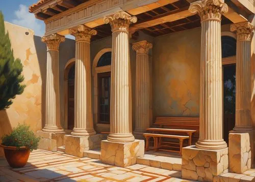 house with caryatids,greek temple,knossos,erechtheus,doric columns,palace of knossos,celsus library,roman columns,erechtheion,laodicea,zappeion,agrigento,pillars,roman temple,ephesus,columns,peristyle,leptis,minoans,synaxarion,Illustration,Realistic Fantasy,Realistic Fantasy 22