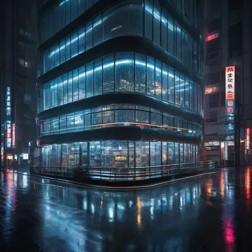 SOSA architecture, futuristic building, sleek metal frames, curved glass facade, neon lights, Tokyo cityscape, night scene, rain, misty atmosphere, blurred background, shallow depth of field, dramatic