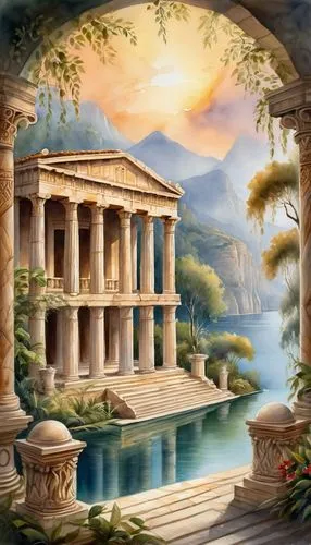 artemis temple,panagora,themyscira,greek temple,eleusinian,theodosiopolis,the ancient world,ancient city,ancient house,halicarnassus,paradisus,acropolis,metapontum,parnassus,periander,atlantica,fantasy landscape,pillars,arcadia,water palace,Illustration,Paper based,Paper Based 24