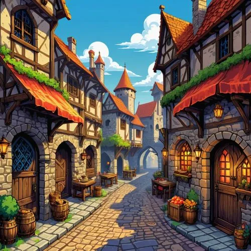 medieval street,medieval town,knight village,medieval architecture,aurora village,medieval market,escher village,alpine village,old town,tavern,marketplace,the cobbled streets,houses clipart,the old town,old city,medieval,half-timbered houses,3d fantasy,wooden houses,fantasy city,Unique,Pixel,Pixel 05