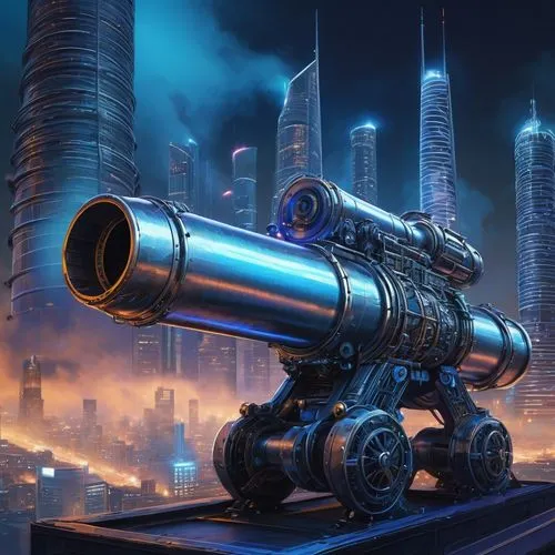 Modern cannon design, futuristic architecture, sleek metallic structure, intricate mechanical details, cylindrical body, conical tip, complex pipe system, gleaming silver surface, neon blue accents, u