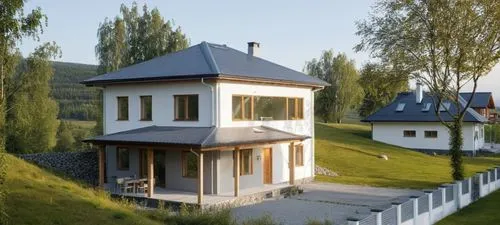 small modern house. The walls are white. Gray roof. There is a forest around the house.,an empty house in a green area with trees,model house,house with lake,villa,miniature house,small house,private 