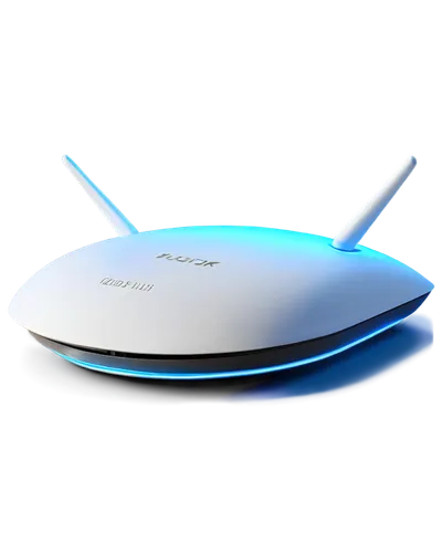 Wi-Fi router, modern design, sleek shape, glowing blue LED lights, white plastic body, curved edges, compact size, sitting on desk, messy cables around, morning light, shallow depth of field, warm col