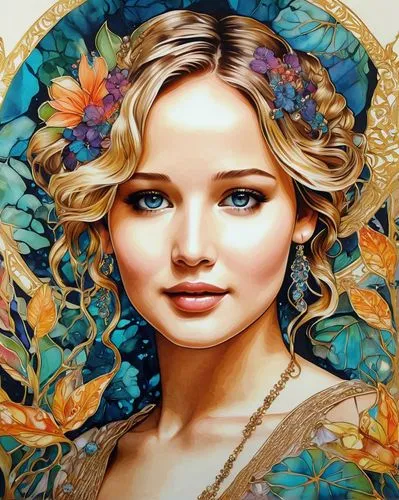 a jennifer Lawrence, cute face big eyes and smiley, ink and colours on cotton, shiny gold outlines, intricate ink painting detail, ceaseless watcher, beautiful tropical flowers, water cascading, trans