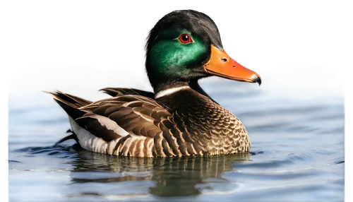 Wild duck, adult, swimming, natural habitat, green feathers, orange beak, webbed feet, rippling water, sunny day, soft focus, shallow depth of field, warm color tone, cinematic lighting, slight blur e