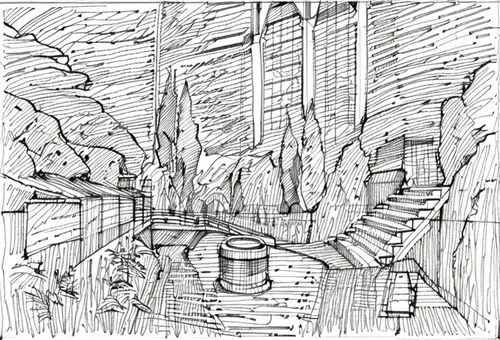 panoramical,game drawing,fontana di trevi,peter-pavel's fortress,karst landscape,sheet drawing,excavator,excavators,hand-drawn illustration,line drawing,dungeon,pencil lines,mountain settlement,mining facility,metropolis,pen drawing,mono-line line art,concept art,rock formations,organ pipes,Design Sketch,Design Sketch,None