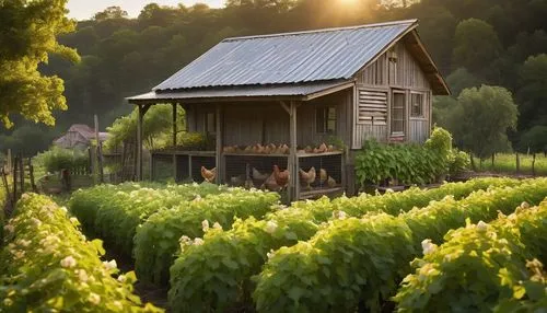 Modern coop architecture, rustic farmhouse style, wooden planks, corrugated metal roofing, sloping roof, chicken wire fencing, feeding troughs, nesting boxes, farm tools scattered around, overgrown wi