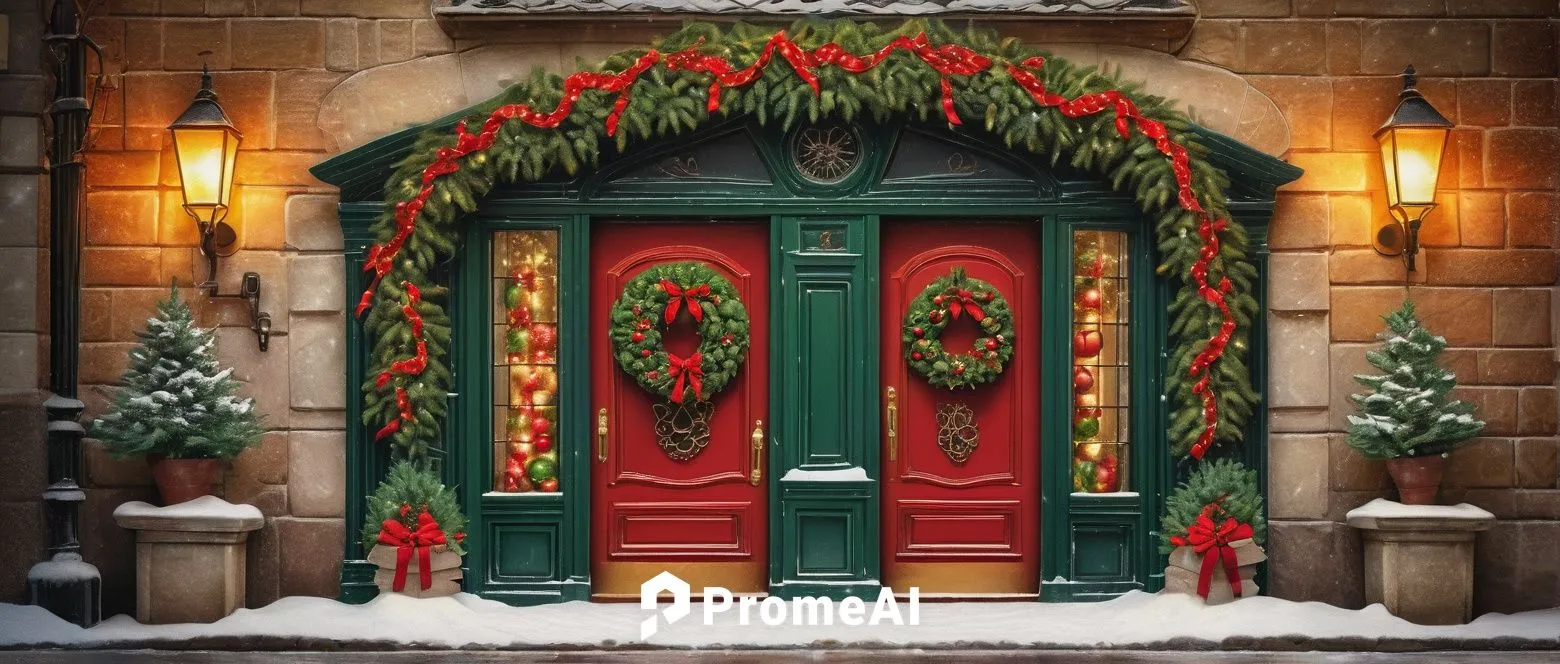 Snow-covered European-style grandeur building, festive Christmas decorations, bright red and green garlands, twinkling fairy lights, giant wreath on entrance door, snowflakes gently falling, frozen fo