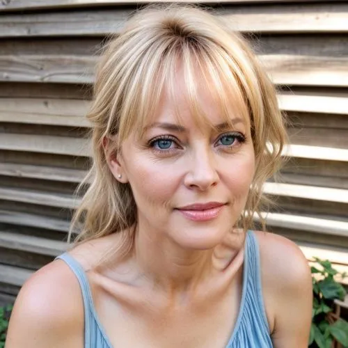 (clear bright eyes), Perfect face, smooth flawless skin, Portrait of 42 year old lady wearing blue dress, blonde hair.,minogue,poehler,spearritt,yvonne strahovski,british actress,agnete,sarah walker,k