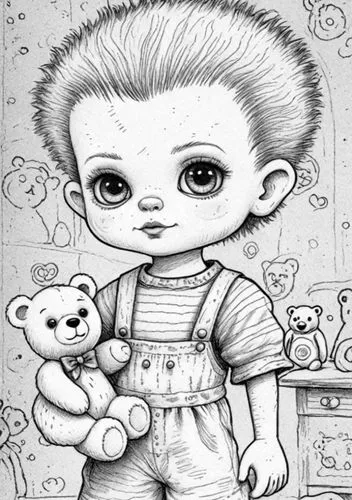 : Design Sketch-Rough Outline ,a black and white drawing of a boy holding a teddy bear,monchhichi,kewpie,kewpie doll,kewpie dolls,3d teddy,dollmaker,Design Sketch,Design Sketch,Detailed Outline