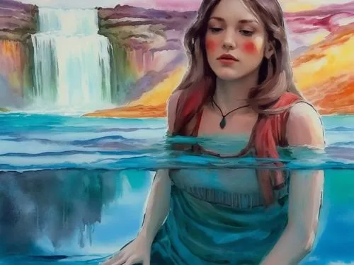 girl on the river,woman at the well,water nymph,melisandre,jasinski,water fall,Conceptual Art,Fantasy,Fantasy 08