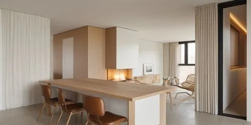 Minimalist Apartment Dinig and Living room Minimalist white fireplace in the middle light colored walls and ceiling
Light tone oak floor
Bronze metal window
Light curtains
Wooden dining table with woo