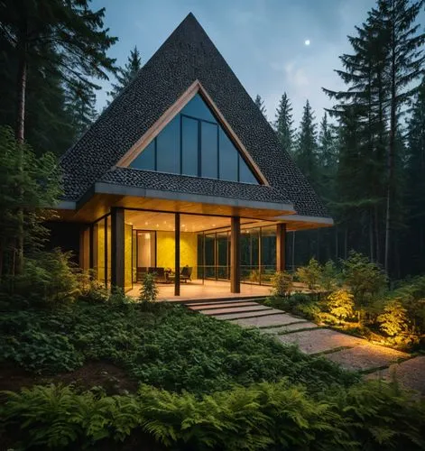 modern hose, in new 2024 trends, and main door and windows, pyramid for top hold by column use wood and concrete,  and light detail in yellow mood , in forest site on evening mood,a house sitting in t