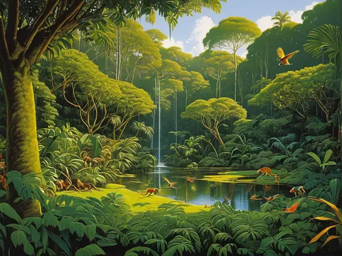 rainforest,tropical jungle,rain forest,tropical and subtropical coniferous forests,jungle,tropical animals,tropical tree,tropical island,tropics,robert duncanson,tropical bloom,artocarpus,garden of eden,forest landscape,polynesia,valdivian temperate rain forest,tropical birds,tropical greens,sub-tropical,green forest,Conceptual Art,Sci-Fi,Sci-Fi 21