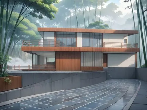 a drawing of a home in the woods with no windows,tropical house,modern house,mid century house,neutra,ryokan,dreamhouse,Anime,Anime,Realistic