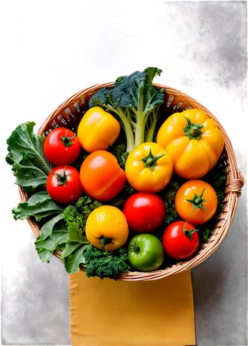 Fresh vegetables, colorful arrangement, basket container, natural light, shallow depth of field, vibrant green lettuce, red juicy tomatoes, orange carrots, yellow bell peppers, crisp broccoli, dew dro