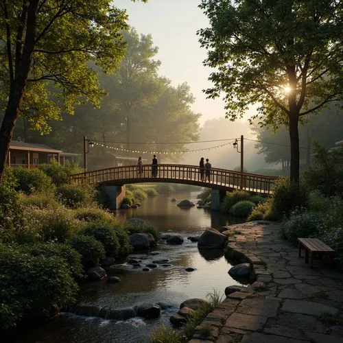 Mystical forest, twinkling string lights, winding pedestrian bridges, rustic wooden railings, lush greenery, vibrant wildflowers, serene water features, gentle streams, soft misty atmosphere, warm gol