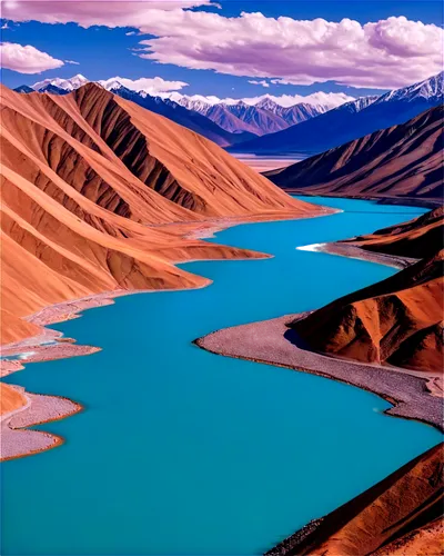 Mountain landscape, Ladakh region, Himalayan range, snow-capped peaks, Buddhist monastery, prayer flags, rugged terrain, rocky cliffs, serene lake, turquoise water, dramatic clouds, warm sunlight, pan