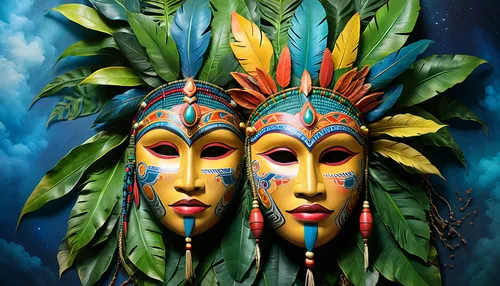 bodypainting,african masks,tribal masks,body painting,headdress,indian headdress,feather headdress,african art,brazil carnival,heads of royal palms,shamanic,indigenous painting,shamanism,pachamama,neon body painting,bodypaint,oil painting on canvas,amazonian oils,world digital painting,masks,Illustration,Realistic Fantasy,Realistic Fantasy 01