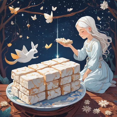 Write a whimsical story about a magical white nougat that grants wishes.,girl with bread-and-butter,marshmallow art,mille-feuille,marshmallows,white rose snow queen,moon cake,the snow queen,woman hold