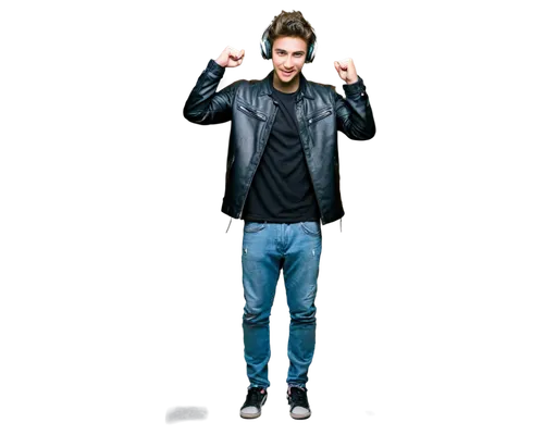 DJ, mixing console, headphones, youthful male, messy hair, black leather jacket, ripped jeans, sneakers, energetic pose, one hand on deck, another holding headphones, spotlight shining down, dark back