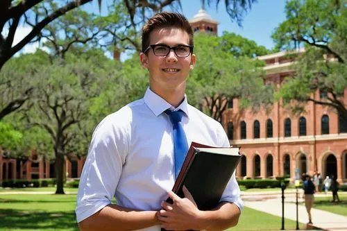 Modern commercial architecture designer, young adult, male, black framed glasses, neat short hair, casual business attire, standing, holding a large portfolio, college campus, Texas Station, Universit