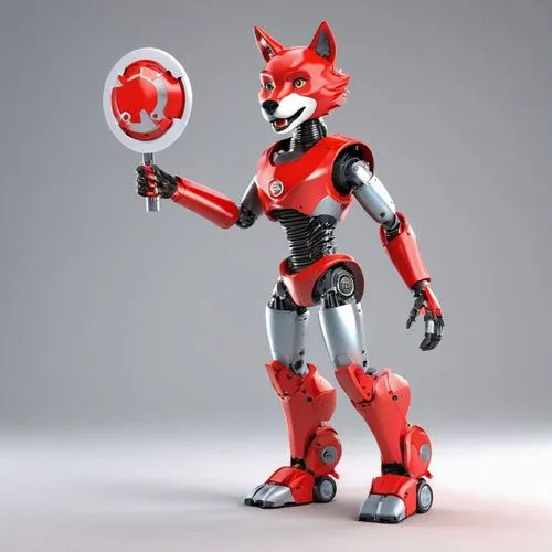 female anthropomorphic werewolf red mannequin, robot made of red plastic, plastic exterior, plastic head, plastic face, plastic body, plastic mechanisms, plastic gears, friendly, smiling happily, appr