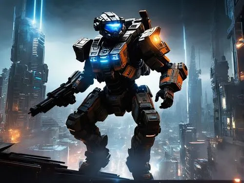 Mech pilot, Titanfall 2, futuristic, sci-fi, male/female, muscular, athletic build, intricate mechanical suit, metallic armor, glowing blue accents, neon lights, dynamic pose, jumping, landing, combat