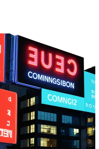 Coming soon billboard, urban cityscape, night scene, bright neon lights, bold font, countdown numbers, 3D effects, metallic frame, glass surface, shallow depth of field, low-angle shot, cinematic ligh