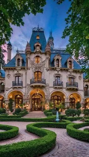 French chateau, Renaissance style, grandiose, luxurious, intricate stone carvings, symmetrical facade, tall spires, cone-shaped roofs, grand entrance, ornate doorways, arched windows, balconies with i