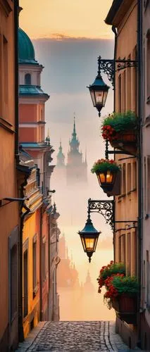 Warsaw old town, historic buildings, ornate facades, Baroque style, grandiose structures, red rooftops, stone walls, Gothic spires, narrow cobblestone streets, lanterns, flower boxes, balconies with i