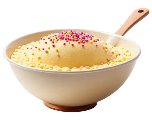 Round cake batter, sweet aroma, creamy texture, golden brown color, sprinkle toppings, mixing bowl, whisk, spatula, kitchen counter, warm lighting, shallow depth of field, 3/4 composition, soft focus,