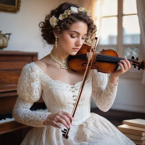 Vintage-inspired, intricate crochet lace, delicate flowers, pastel colors, ornate violin, solo, female musician, curly brown hair, bright hazel eyes, soft smile, elegant white gloves, flowing long ski