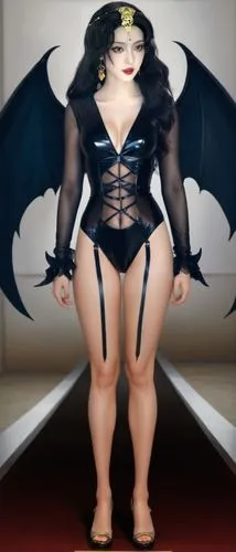 双腿并拢直立，双腿不交叉,a 3d rendering of a woman in a gothic - inspired outfit,derivable,vampire lady,vampire woman,demoness,morrigan,tairrie,black angel,torrid,batty,vampyre,dhampir,dressup,goth woman,dita,got